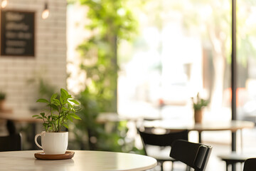 Fototapeta premium Plant in a cup on a table in a cafe.