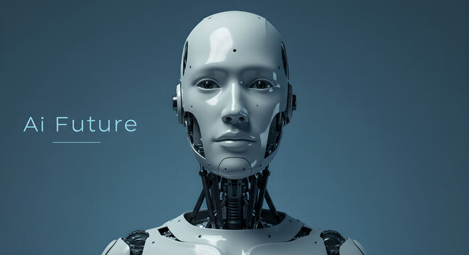 Realistic white robotic head facing forward with "AI Future" text, representing advanced artificial intelligence and technology future development concept