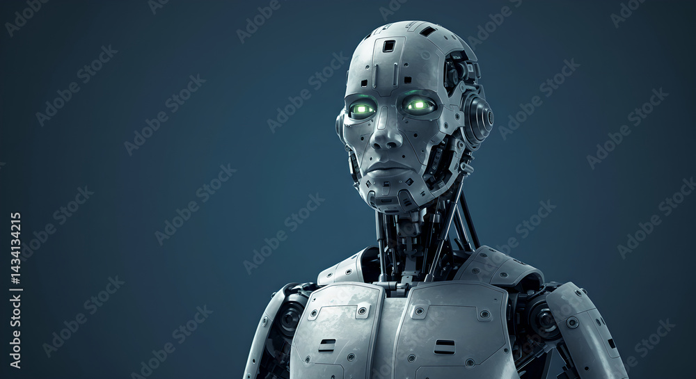 Poster close up view of android head with glowing green eye. future ai humanoid with digital brain. robotic