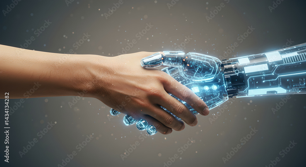 Poster man shaking hand with ai robot closeup. artificial intelligence and human collaboration concept. fut