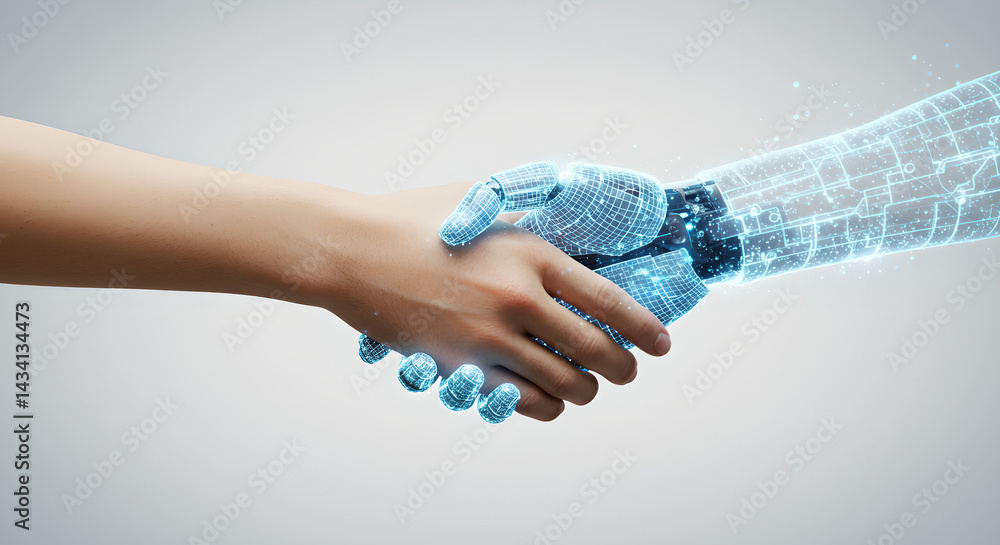 Poster man and robotic hand doing handshake. cooperation concept between human and artificial intelligence.