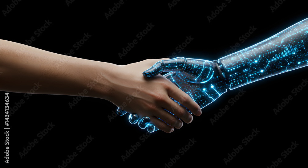 Poster man and robot hand shaking. partnership between human and artificial intelligence. digital handshake