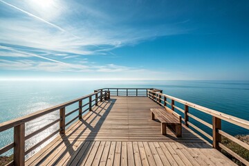 Fototapeta premium Wooden deck overlooks a calm ocean under a clear blue sky - generated by ai
