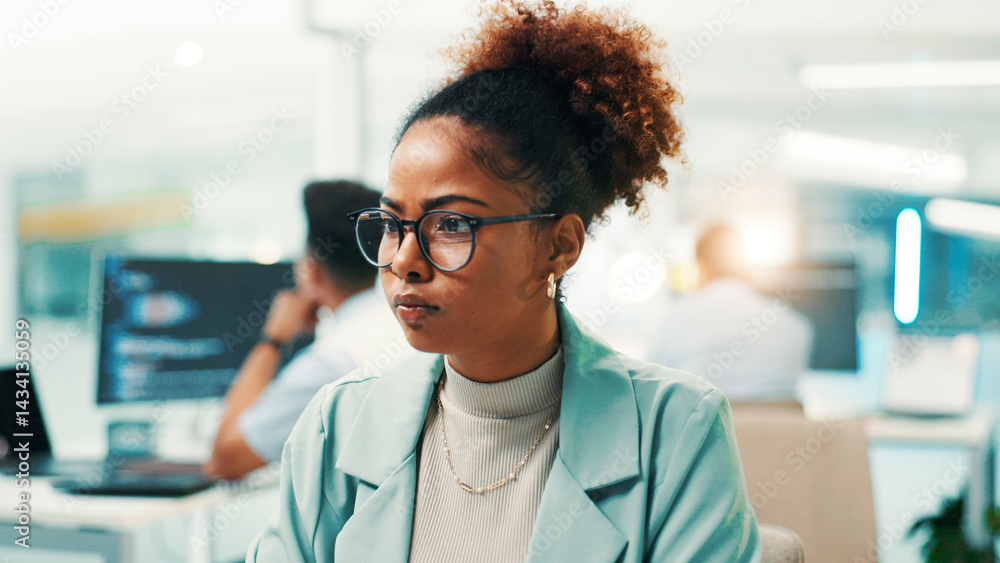 Poster Online, glasses and programmer with business woman in office cyber security, network domain and code analyst. Server encryption, tech startup and software review with person in IT firm for VPN system