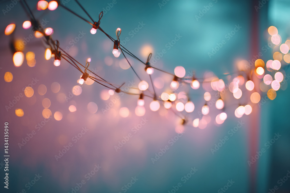 Poster blurred string lights, warm pink and orange glow against teal backdrop, creating a soft, festive atm