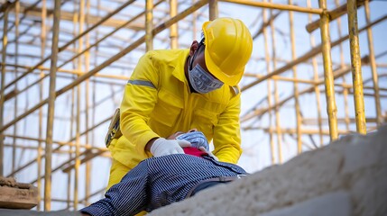 Construction worker checking injured man's pulse on a building site