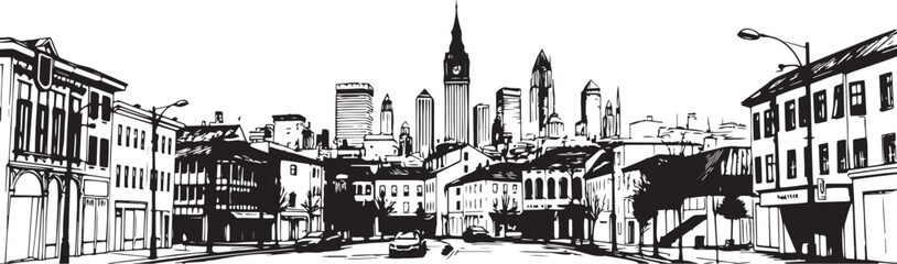 Fototapeta premium City landscape. Line urban backdrop. Skyline with clouds, different buildings on street, doodle street draw, outline cityscape hand sketch, flat houses. Hand drawn vector illustration