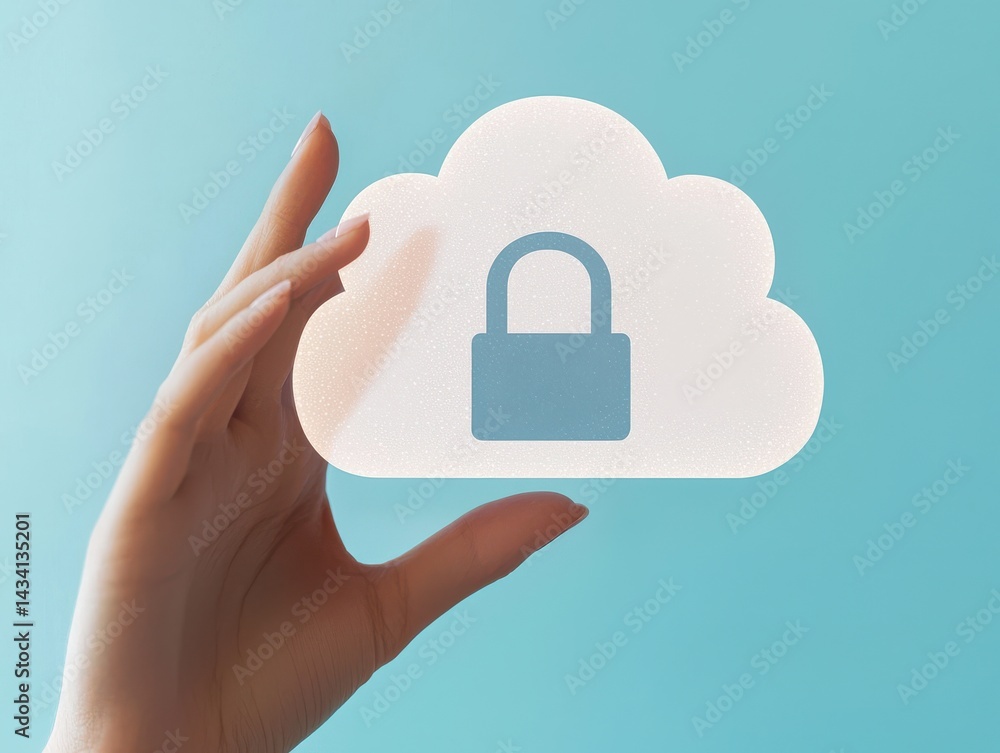 Poster a hand holds a cloud icon with a padlock, symbolizing data security and cloud storage on a blue back
