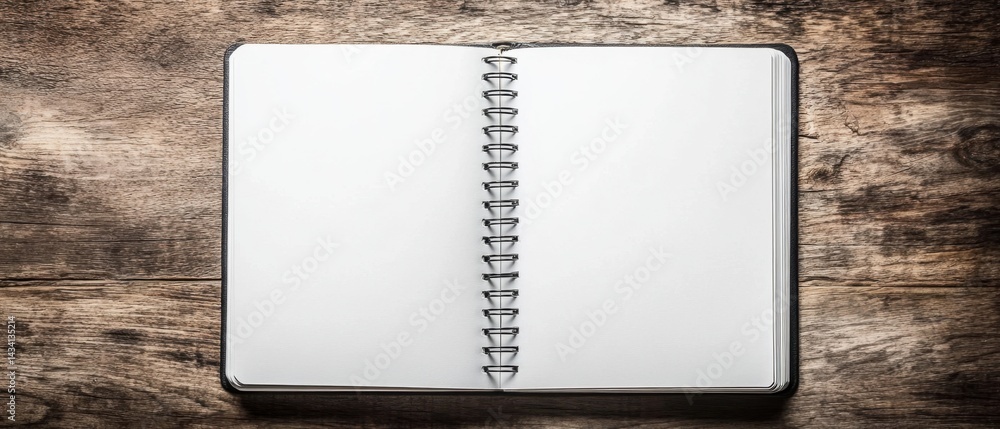 Poster open blank spiral notebook on rustic wooden table top view for writing journaling or sketching creat
