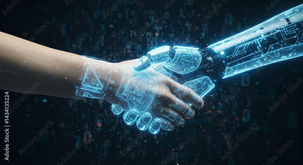 Poster human and robot hand with digital connect circuit handshake concept. futuristic partnership between 