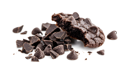 A chocolate chip cookie with chocolate chips scattered around it