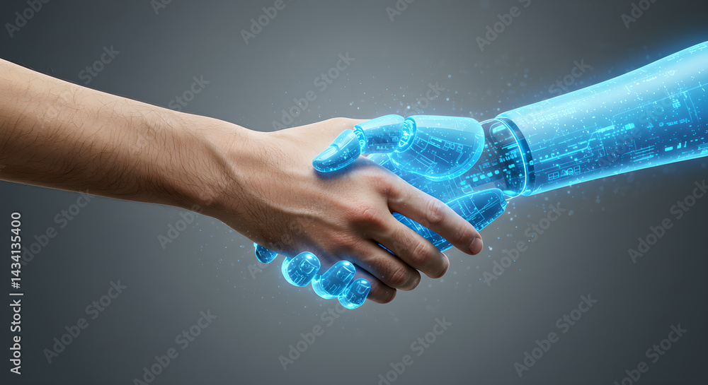 Poster man hand shaking hand with glowing digital artificial intelligence robot hand. concept of partnershi