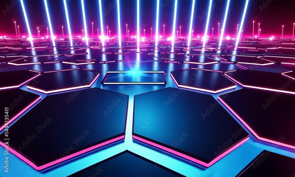 Poster futuristic neon hexagonal grid with dynamic light beams and vibrant colors