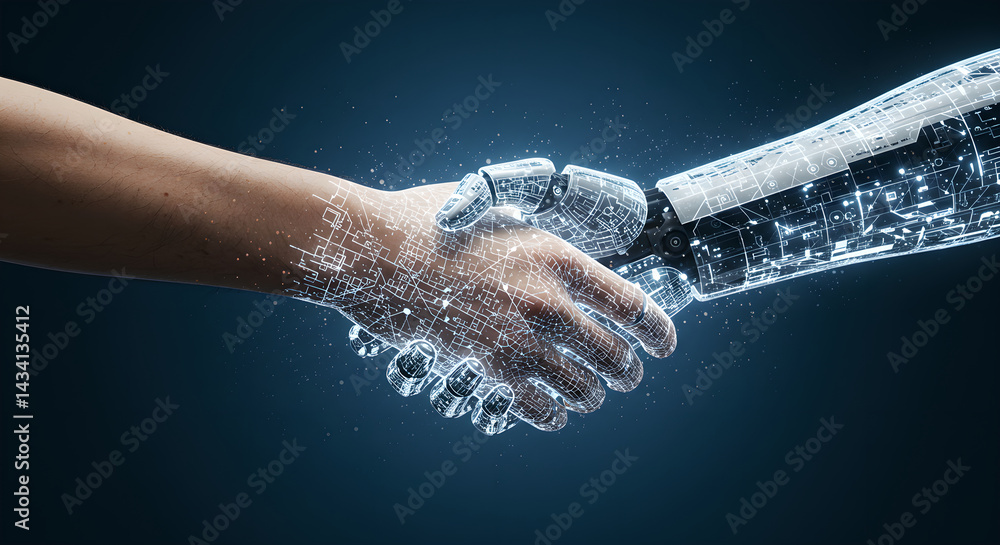 Poster man and robot shaking hands. concept of cooperation between human and artificial intelligence. digit