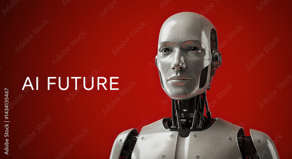 Poster a close up view of a realistic robot head against a red background with the text 'ai future' written