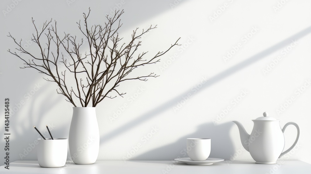 Poster White vase with a branch inside it is placed on a shelf next to a white tea set. The vase and tea set are arranged in a neat and organized manner, creating a sense of calm