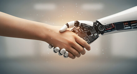 Human shaking hand with robot. Man shaking hand with artificial intelligence, a concept of collaboration and human connection with futuristic technology for business and innovation.