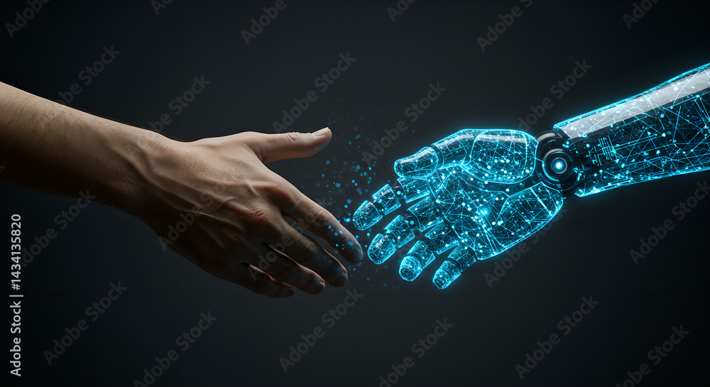 Poster human hand connecting with cyborg hand representing partnership between man and robot. artificial in