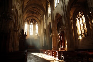 Obraz premium Sunlit gothic church in black white interior photography 