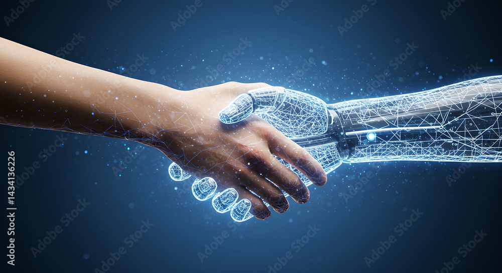 Poster human hand and artificial intelligence robot handshake. technology connection between man and ai. fu