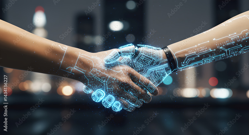 Poster handshake between a person and a robotic hand with digital circuit overlay. concept of artificial in