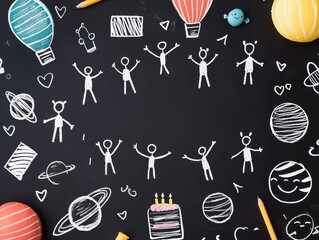 A playful chalkboard drawing featuring balloons, space themes, and cheerful stick figures, creating a whimsical and vibrant atmosphere.