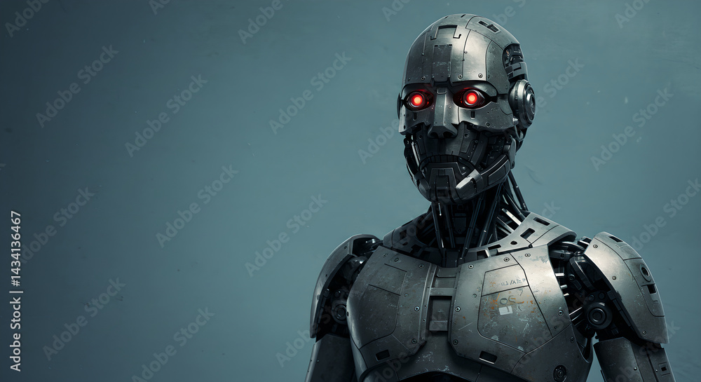 Poster a detailed view of a futuristic robot's head and torso with red glowing eyes. concept of artificial 
