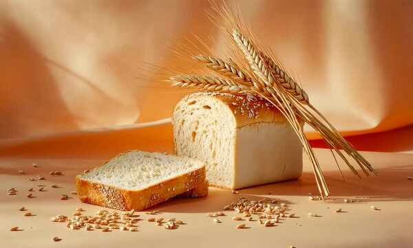 Freshly sliced bread with wheat ears on warm beige backdrop showcasing rustic natural charm