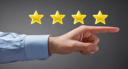 A hand points to four gold stars, symbolizing a high rating or excellent feedback