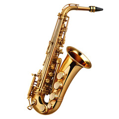 A stunning gold saxophone isolated on white background ,PNG