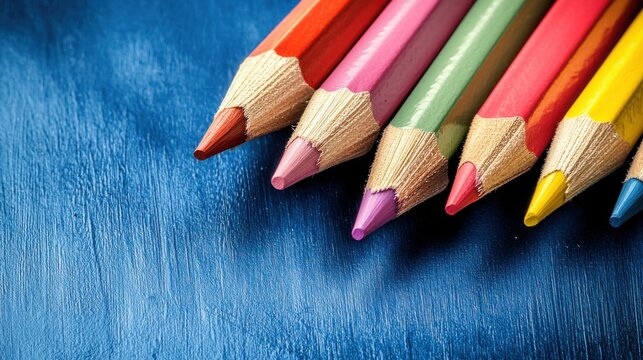 Colorful colored pencils arranged on a vibrant blue wooden surface in a neat row showcasing a variety of bright shades and detailed pencil tips for artistic creativity