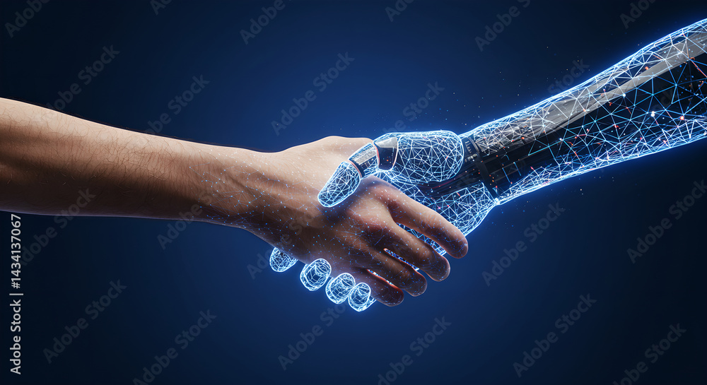 Poster man and robot shaking hand. concept of artificial intelligence and robotic hand, technology developm
