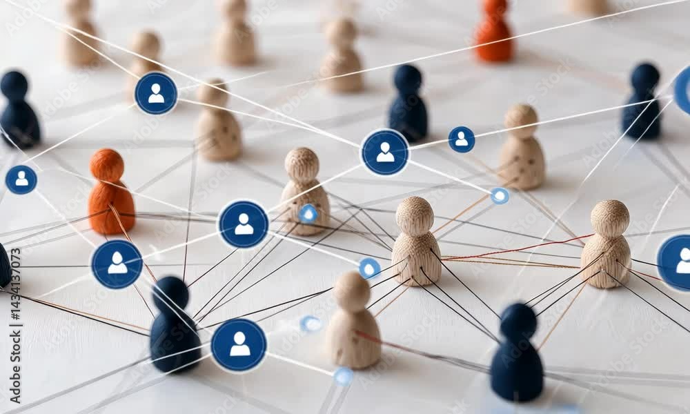 Poster dynamic network transformation with wooden figures and digital connections