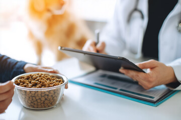 vet nutritionist showing a pet food plan to a dog owner