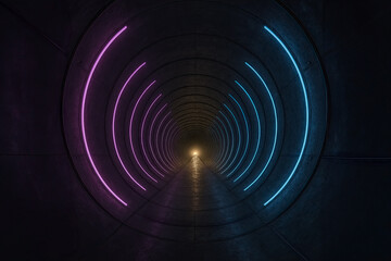 Futuristic spiral neon tunnel generated by AI and artistically edited, featuring pink and blue lights in a dark immersive corridor.