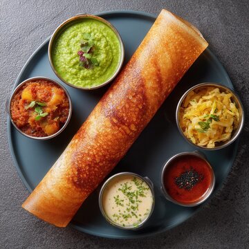 Delicious crispy dosa with vibrant chutneys served on a platter a culinary delight showcasing south indian cuisine with a tantalizing array of flavors and textures