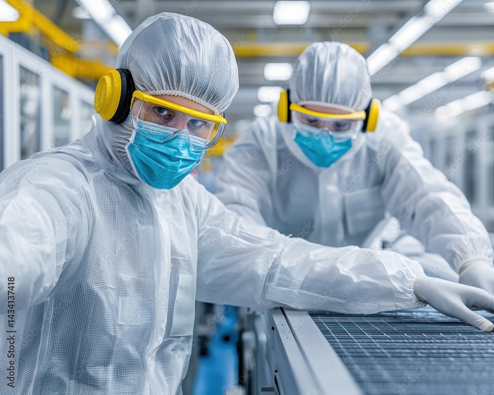 Poster two workers in protective gear operate machinery in a high-tech environment, emphasizing safety and 