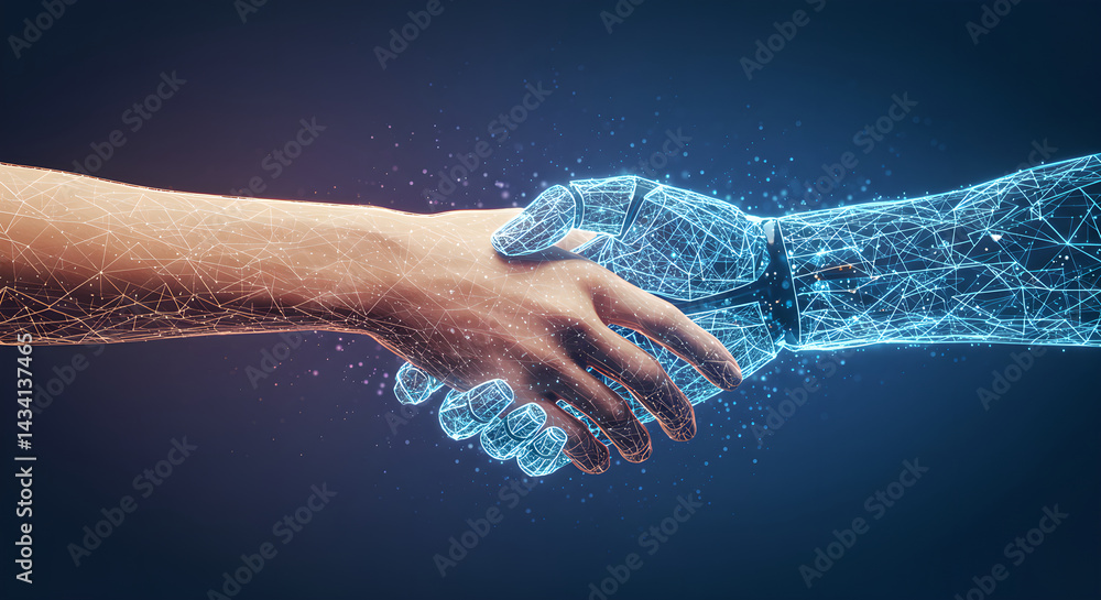 Poster human and artificial intelligence shaking hands. digital handshake demonstrating collaboration betwe