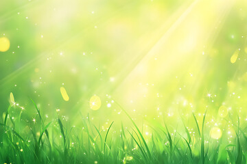 Obraz premium Green grass background with bokeh lights and sun rays.