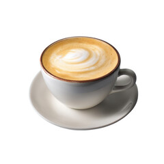 A beautifully crafted latte in a white cup with artistic foam design on top, resting on a matching saucer.