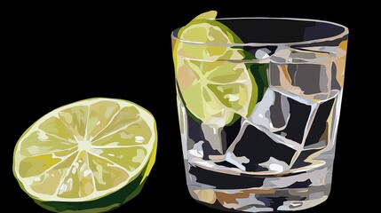 Glass of icy drink with lime wedge, another lime half beside it