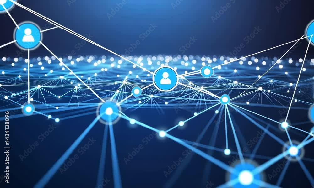 Poster dynamic network visualization of digital connections and data flow across a blue cyber landscape