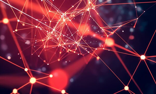 Dynamic red network of glowing connections and geometric patterns in motion