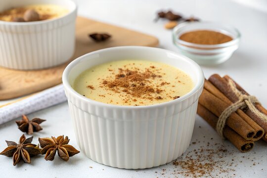 eye level of curau de milho brazilian corn pudding in bowl on white background 