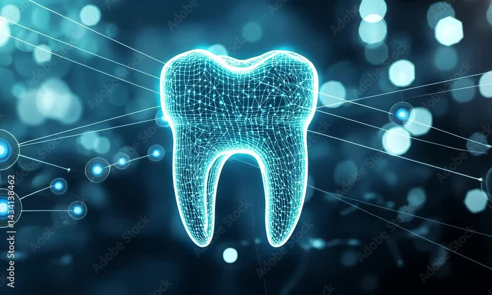 Poster futuristic digital tooth network animation with glowing connections and molecular structures