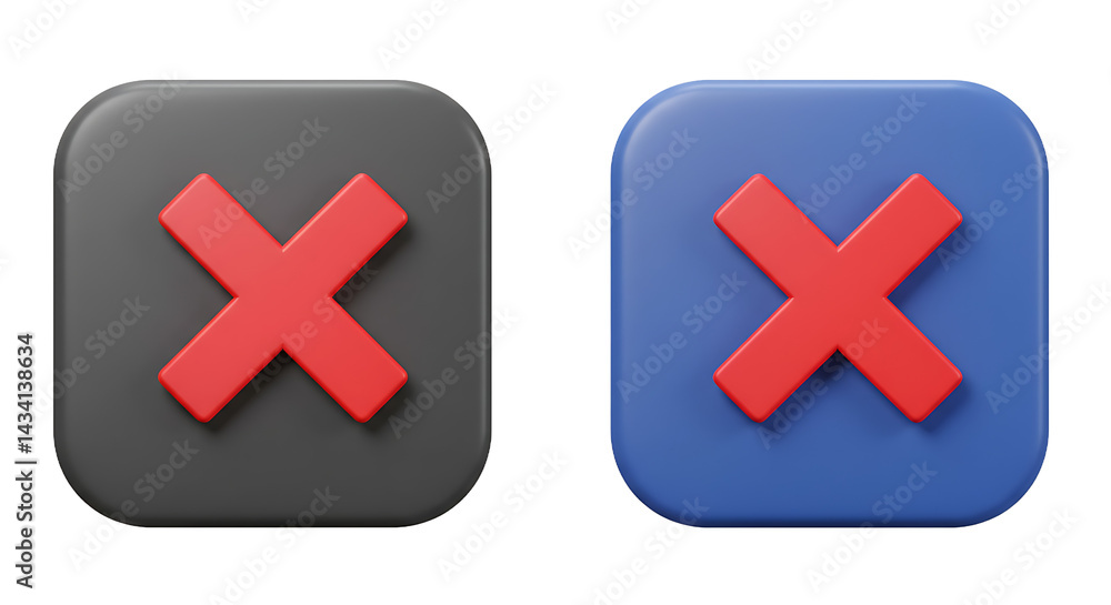Poster two rounded square icons with red x symbols on a black background and a blue background
