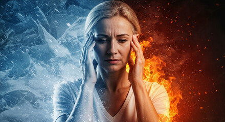 Woman Feeling Stressed Amidst Flames and Ice Background  