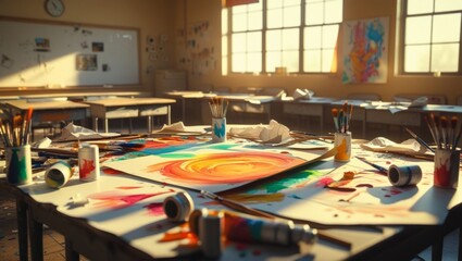 Vibrant art classroom scene with paint covered desks and colorful artwork creating a creative atmosphere for young artists and students