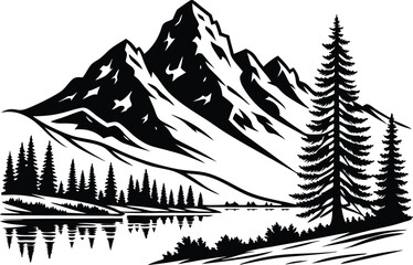 Minimalist Mountain Landscape Silhouette – Black & White Vector Art with Pine Trees & Lake Reflection