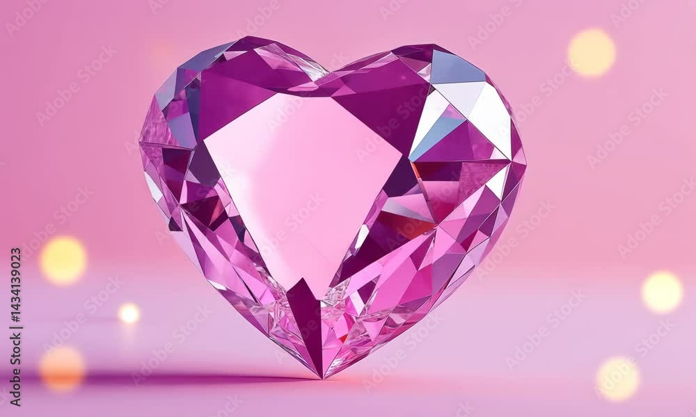 Poster Sparkling crystal heart rotating in soft pink light with bokeh glow